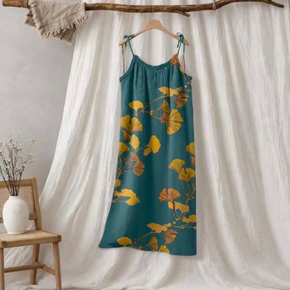 Robe longue de détente à bretelles et motif feuille de ginkgo Ownkoti - Vert et orange - XL - image 40