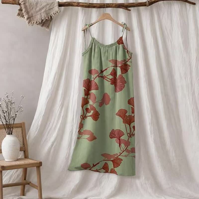 Robe longue de détente à bretelles et motif feuille de ginkgo Ownkoti - Vert et rouge - XL - image 5