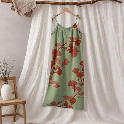 Robe longue de détente à bretelles et motif feuille de ginkgo Ownkoti - Vert et rouge - XL - image 5