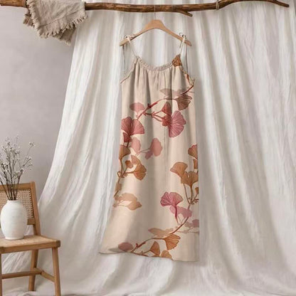 Robe longue de détente à bretelles et motif feuille de ginkgo Ownkoti - Nude et rouge - XL - image 15