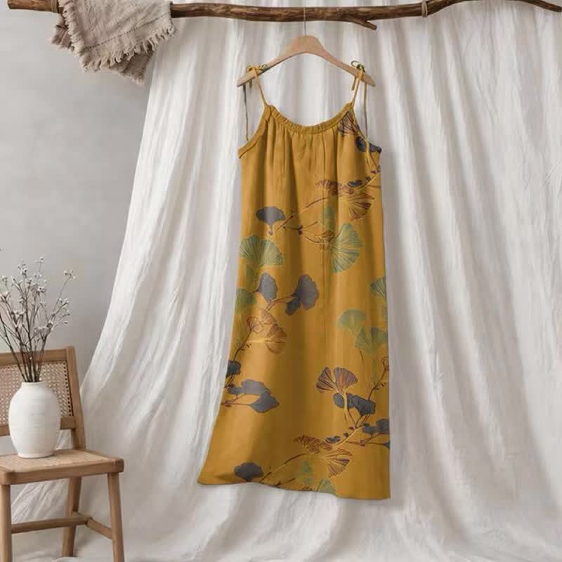 Robe longue de détente à bretelles et motif feuille de ginkgo Ownkoti - Orange et vert - XL - image 45