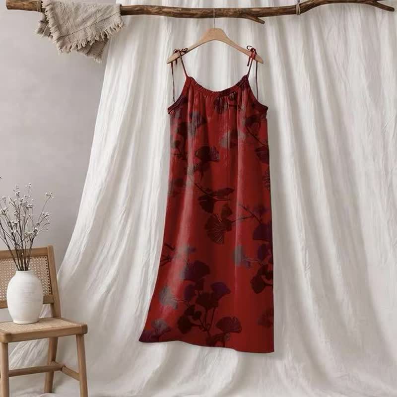 Robe longue de détente à bretelles et motif feuille de ginkgo Ownkoti - Rouge et noir - XL - image 35
