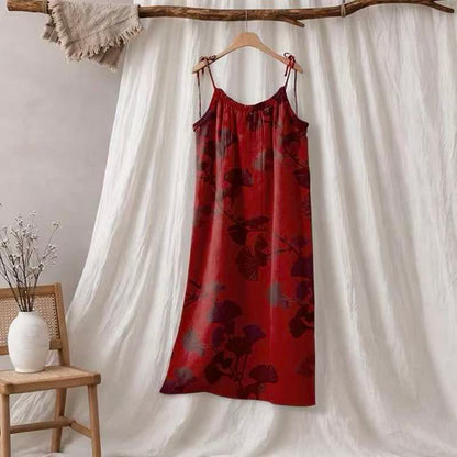 Robe longue de détente à bretelles et motif feuille de ginkgo Ownkoti - Rouge et noir - XL - image 35
