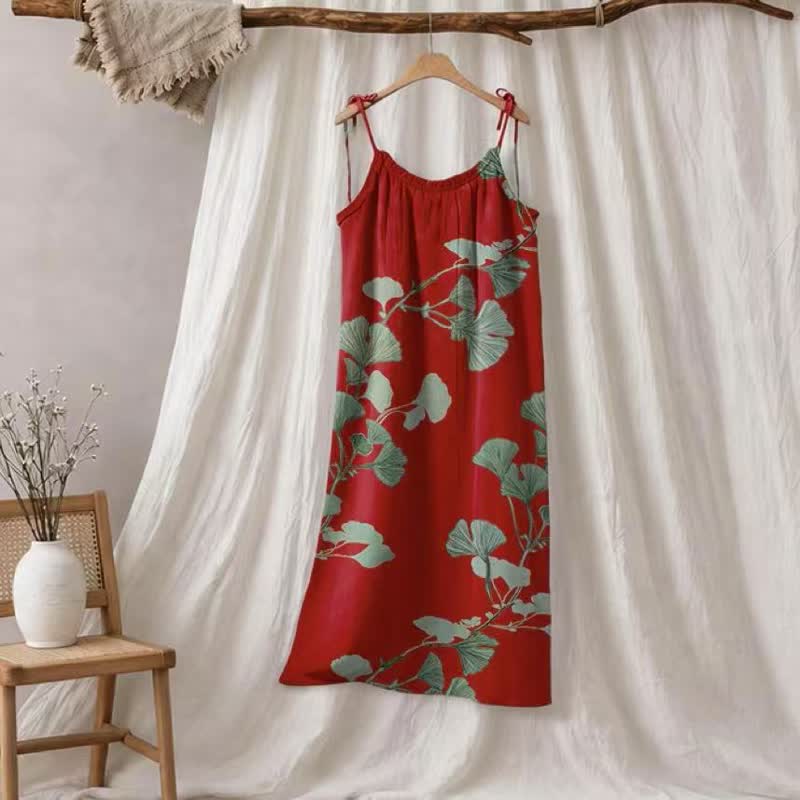 Robe longue de détente à bretelles et motif feuille de ginkgo Ownkoti - Rouge et vert - XL - image 0