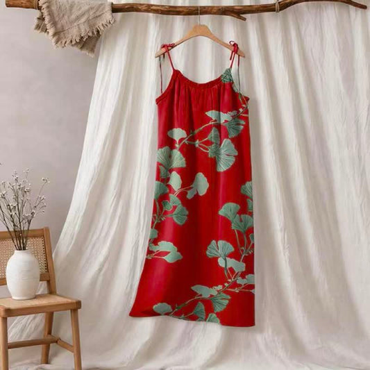 Robe longue de détente à bretelles et motif feuille de ginkgo Ownkoti - Rouge et vert - XL - image 0
