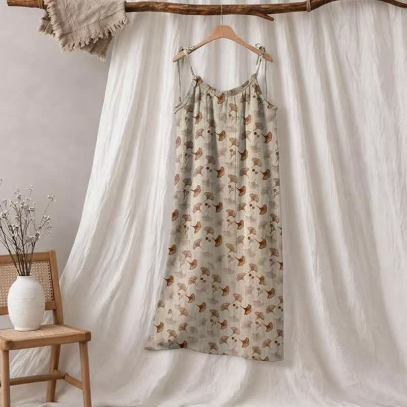 Robe d'intérieur à bretelles nouées et imprimé floral Ginkgo d'Ownkoti - Beige et café - XL - image 20