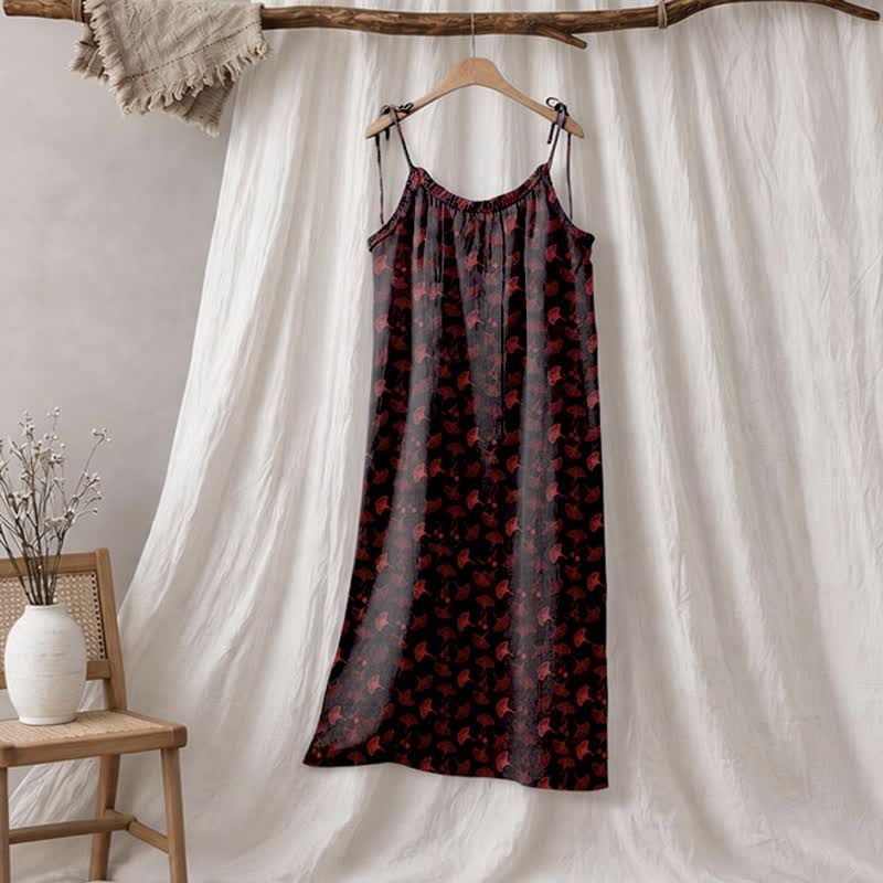 Robe d'intérieur à bretelles nouées et imprimé floral Ginkgo d'Ownkoti - Noir et rouge - XL - image 30