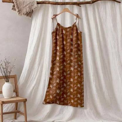 Robe d'intérieur à bretelles nouées et imprimé floral Ginkgo d'Ownkoti - Café et beige - XL - image 25