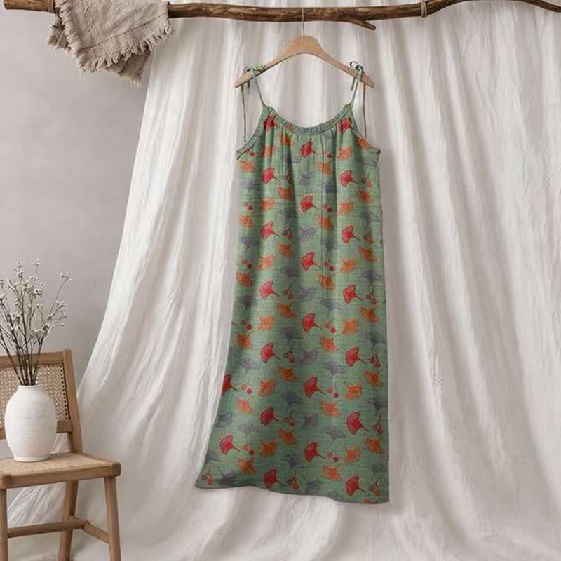 Robe d'intérieur à bretelles nouées et imprimé floral Ginkgo d'Ownkoti - Vert et rouge - XL - image 40