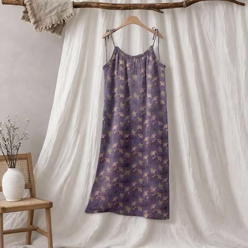 Robe d'intérieur à bretelles nouées et imprimé floral Ginkgo d'Ownkoti - Violet et vert - XL - image 15