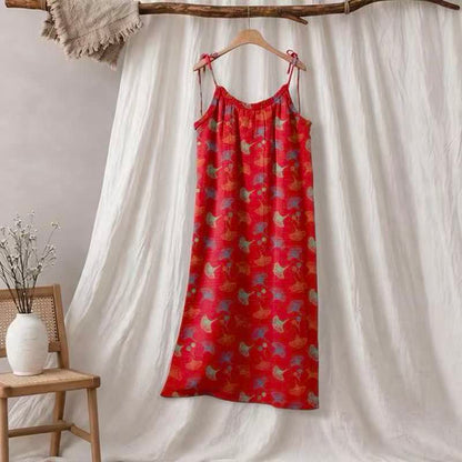 Robe d'intérieur à bretelles nouées et imprimé floral Ginkgo d'Ownkoti - Rouge et vert - XL - image 45