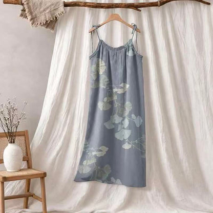 Robe midi d'intérieur en coton à bretelles et motif feuille de ginkgo Ownkoti - Bleu et vert clair - XL - image 0