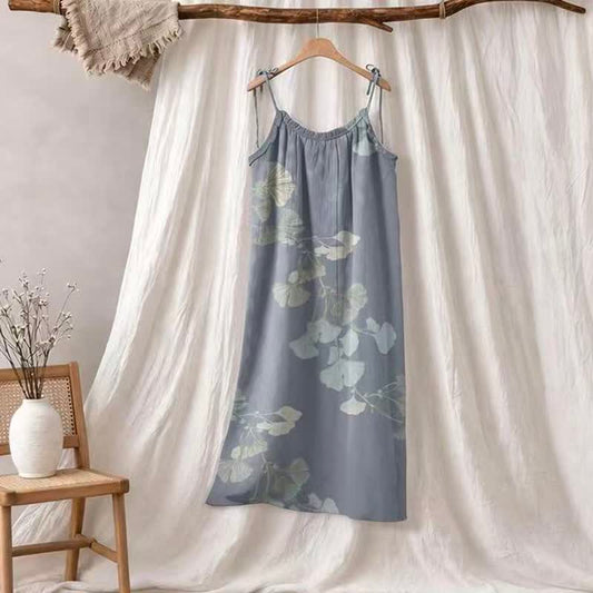 Robe midi d'intérieur en coton à bretelles et motif feuille de ginkgo Ownkoti - Bleu et vert clair - XL - image 0