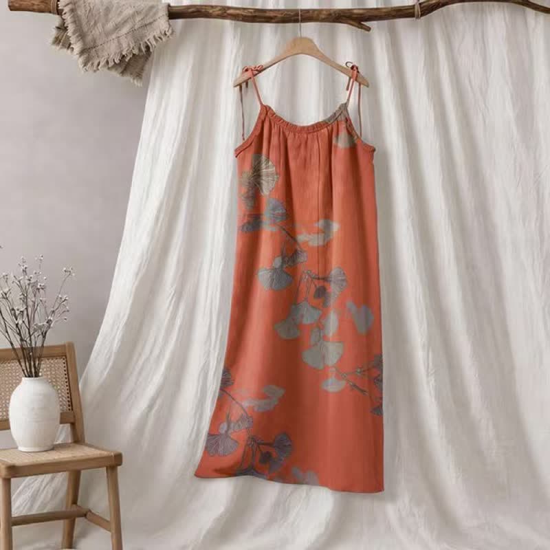 Robe midi d'intérieur en coton à bretelles et motif feuille de ginkgo Ownkoti - Orange et vert - XL - image 10