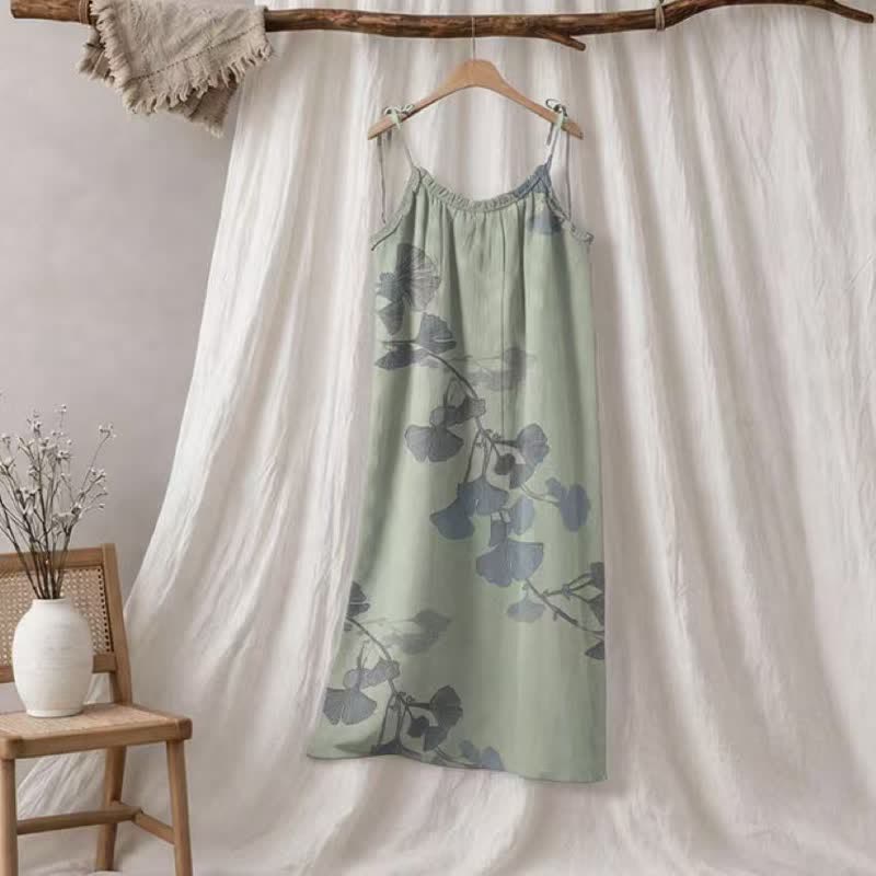 Robe midi d'intérieur en coton à bretelles et motif feuille de ginkgo Ownkoti - Vert clair et bleu - XL - image 5