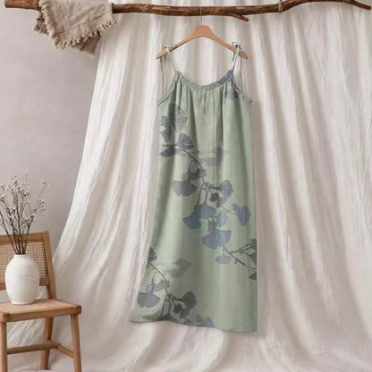 Robe midi d'intérieur en coton à bretelles et motif feuille de ginkgo Ownkoti - Vert clair et bleu - XL - image 5