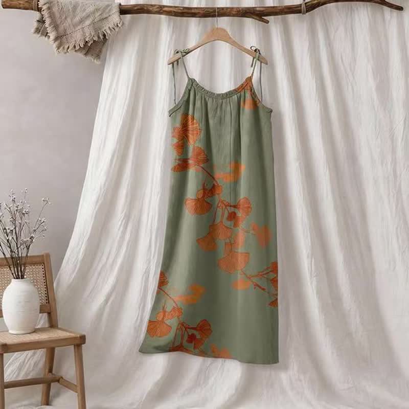 Robe midi d'intérieur en coton à bretelles et motif feuille de ginkgo Ownkoti - Vert et orange - XL - image 15