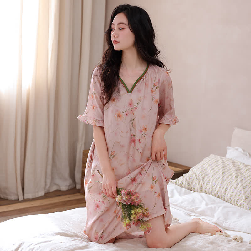Robe d'intérieur à imprimé floral en lyocell, col en V et manches à volants Ownkoti - image 1
