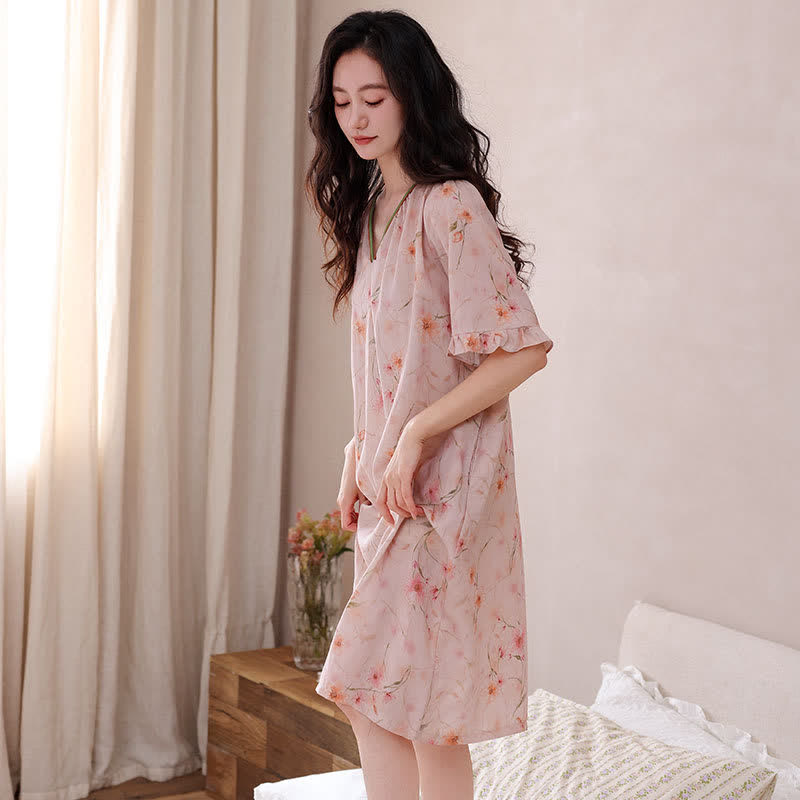Robe d'intérieur à imprimé floral en lyocell, col en V et manches à volants Ownkoti - image 3