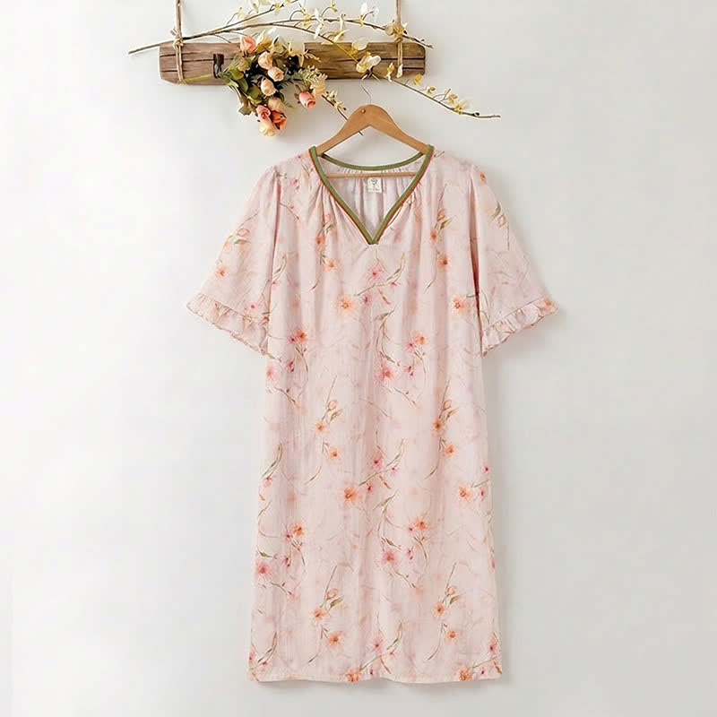 Robe d'intérieur à imprimé floral en lyocell, col en V et manches à volants Ownkoti - Rose clair - XXXL - image 0