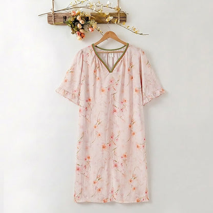Robe d'intérieur à imprimé floral en lyocell, col en V et manches à volants Ownkoti - Rose clair - XXXL - image 0