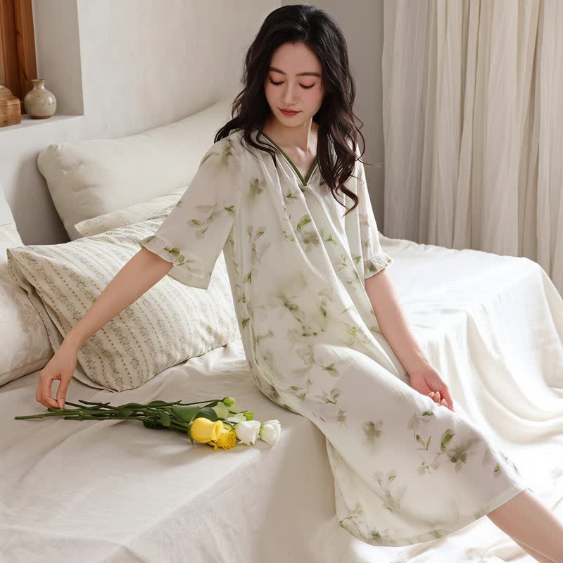 Robe de nuit d'intérieur romantique à fleurs en lyocell à col en V Ownkoti - image 2