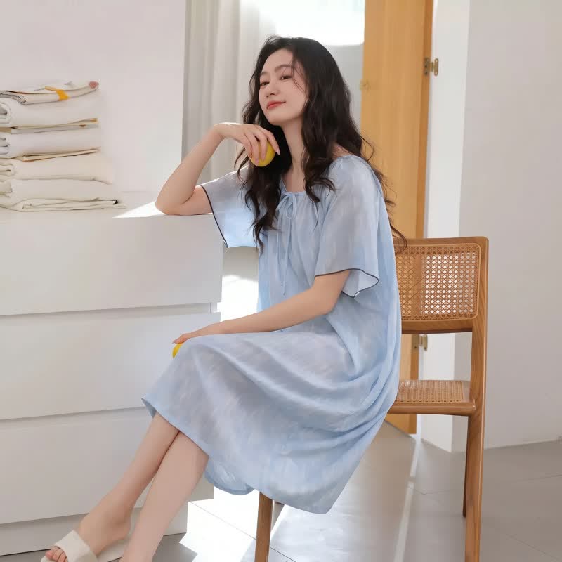 Robe d'intérieur Ownkoti bleu aéré en lyocell à col noué - image 3