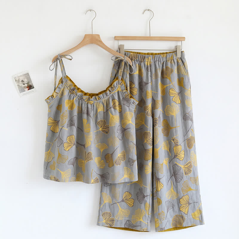 Ensemble de vêtements d'intérieur à bretelles nouées et imprimé feuilles de ginkgo Ownkoti - Gris clair et jaune foncé - XL - image 3