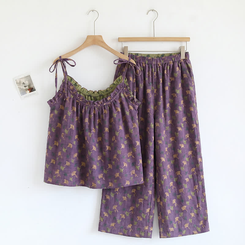 Ensemble de détente Ownkoti à fleurs romantiques (débardeur et pantalon) - Violet et vert - XL - image 0