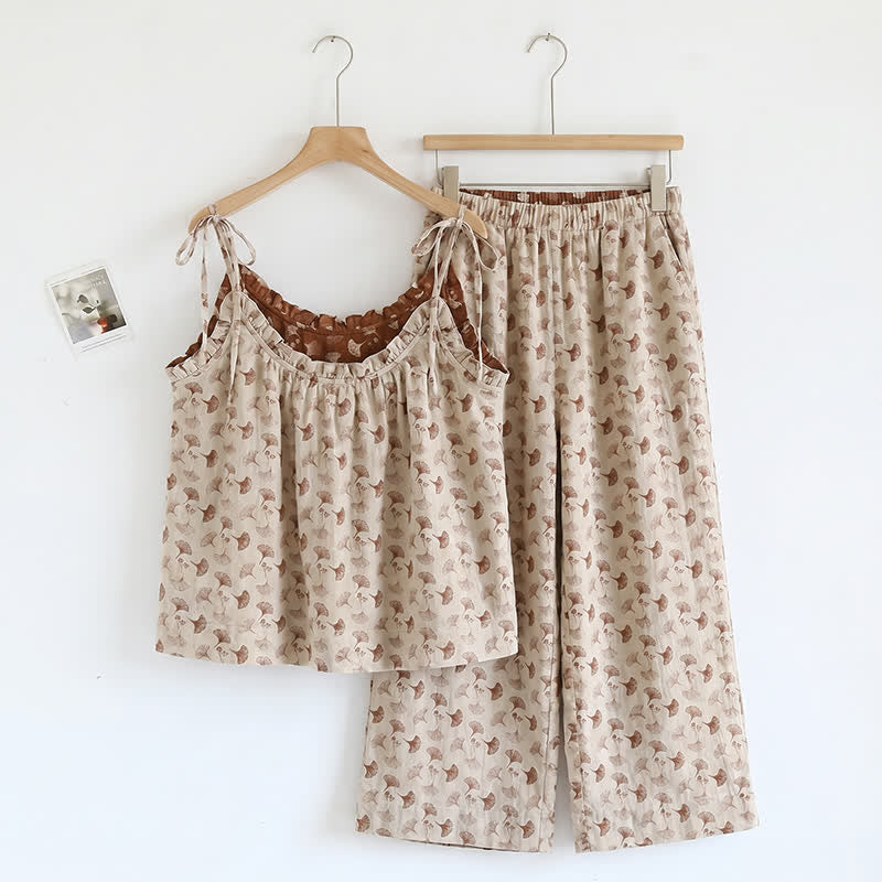 Ensemble de détente Ownkoti à fleurs romantiques (débardeur et pantalon) - Beige et café - XL - image 3