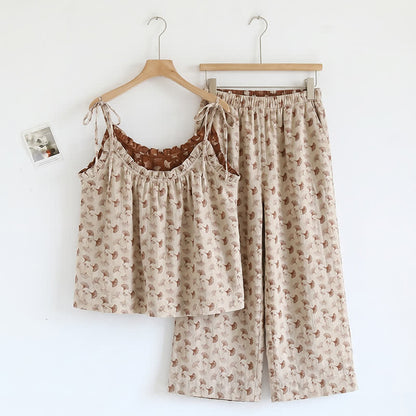 Ensemble de détente Ownkoti à fleurs romantiques (débardeur et pantalon) - Beige et café - XL - image 3