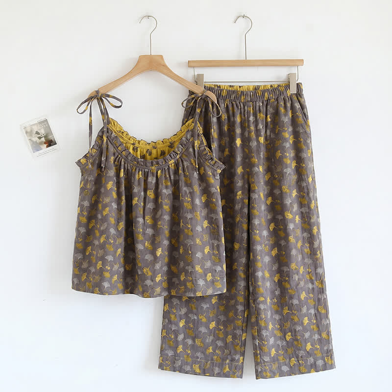 Ensemble de détente Ownkoti à fleurs romantiques (débardeur et pantalon) - Brun et jaune - XL - image 6