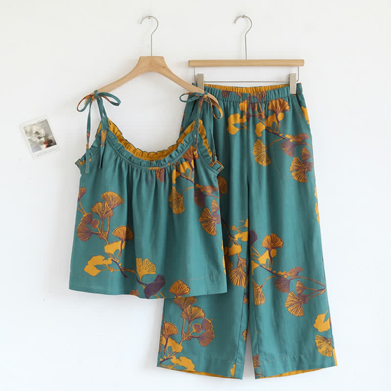 Ensemble de détente Ownkoti à motif botanique (débardeur et pantalon) - Vert et orange - XL - image 0