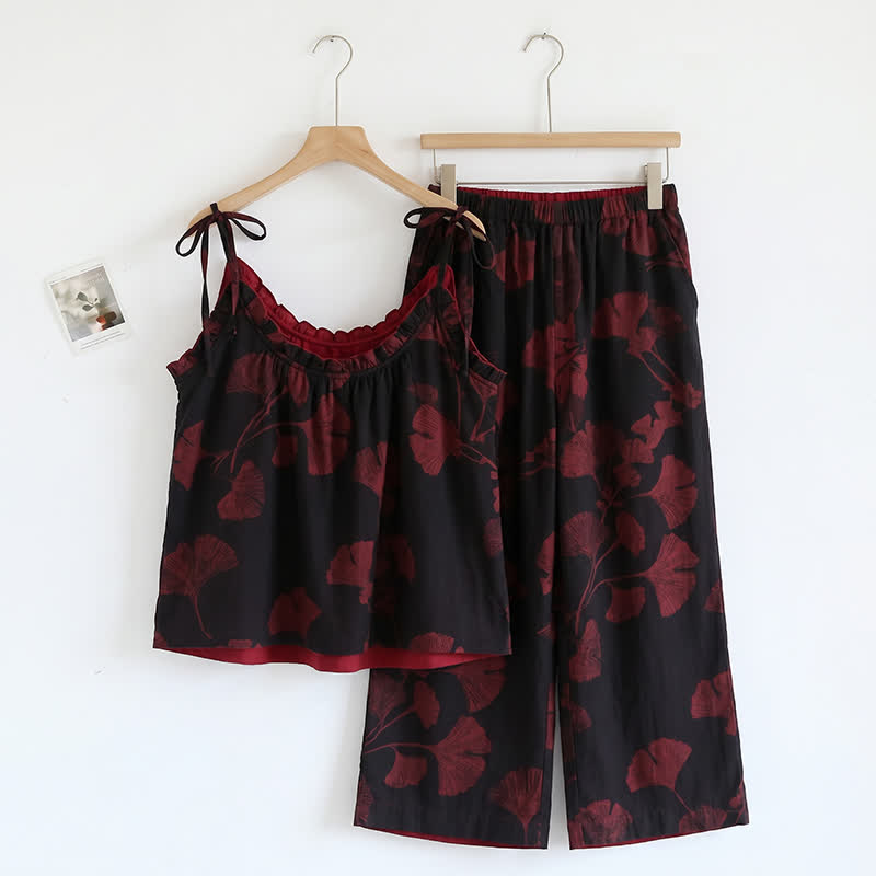 Ensemble de détente Ownkoti à motif botanique (débardeur et pantalon) - Noir et rouge - XL - image 3