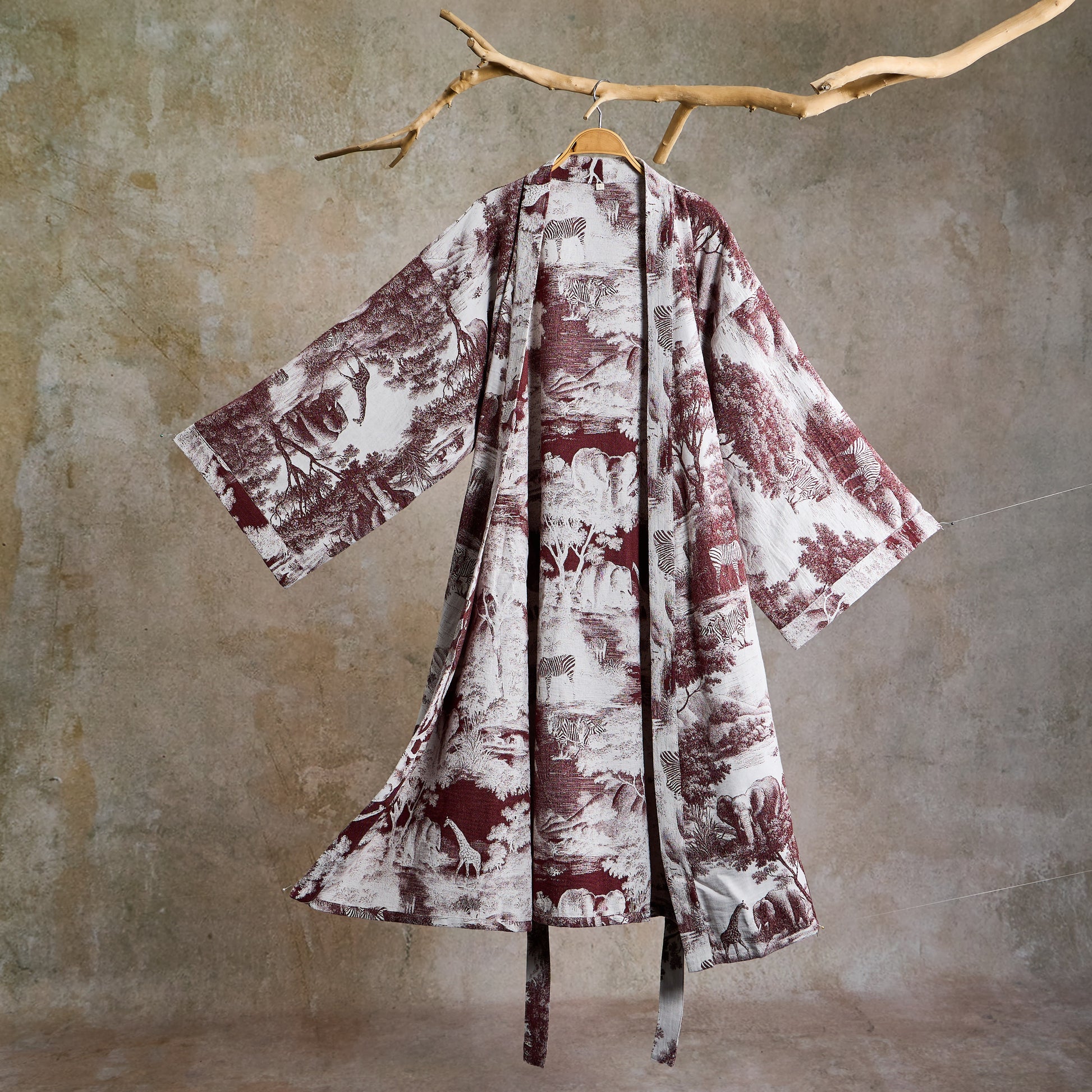 Peignoir kimono en coton à imprimé toile de Jouy - Café - 2XL - image 10