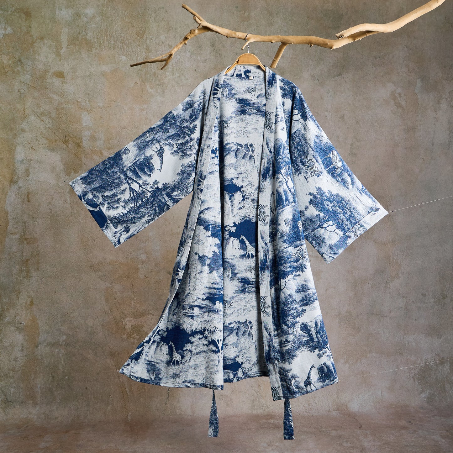 Peignoir kimono en coton à imprimé toile de Jouy - Bleu - 2XL - image 0