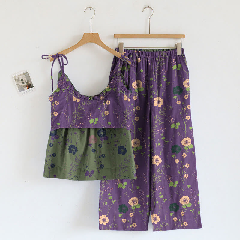 Ensemble pyjama Ownkoti vintage à fleurs (débardeur et pantalon) - image 1