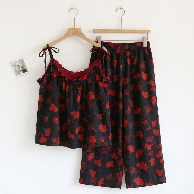 Ensemble de vêtements d'intérieur à bretelles nouées et imprimé feuilles de ginkgo Ownkoti - Noir et rouge - XL - image 6