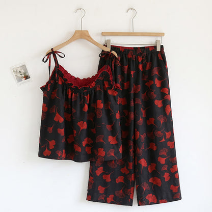 Ensemble de vêtements d'intérieur à bretelles nouées et imprimé feuilles de ginkgo Ownkoti - Noir et rouge - XL - image 6