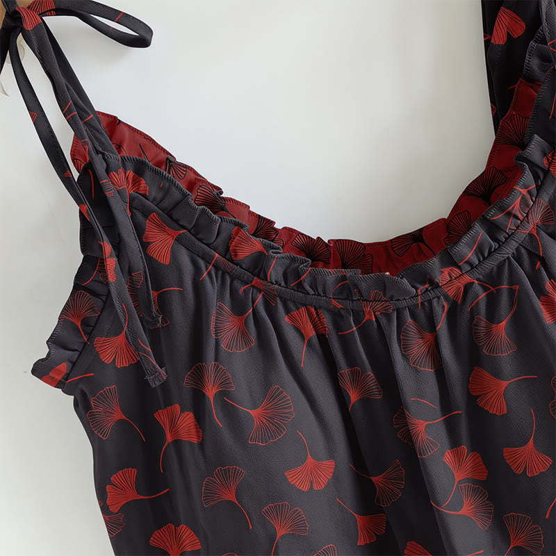 Ensemble de vêtements d'intérieur à bretelles nouées et imprimé feuilles de ginkgo Ownkoti - image 7