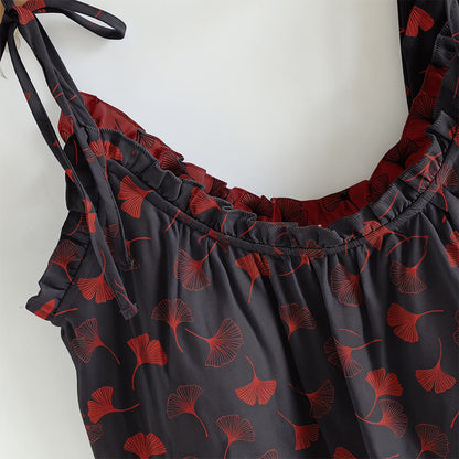 Ensemble de vêtements d'intérieur à bretelles nouées et imprimé feuilles de ginkgo Ownkoti - image 7