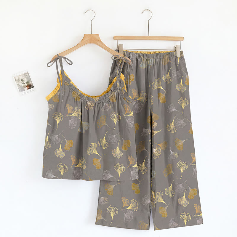 Ensemble de vêtements d'intérieur à bretelles nouées et imprimé feuilles de ginkgo Ownkoti - Gris foncé et jaune - XL - image 9