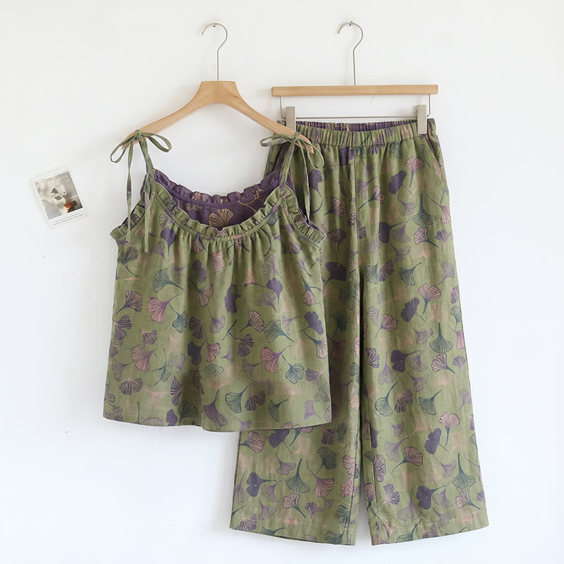 Ensemble de vêtements d'intérieur à bretelles nouées et imprimé feuilles de ginkgo Ownkoti - Vert et violet - XL - image 12
