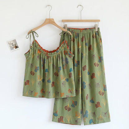 Ensemble de vêtements d'intérieur à bretelles nouées et imprimé feuilles de ginkgo Ownkoti - Vert et rouge - XL - image 15