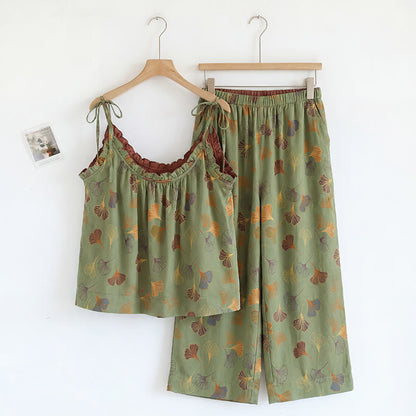 Ensemble de vêtements d'intérieur à bretelles nouées et imprimé feuilles de ginkgo Ownkoti - Vert et vin - XL - image 18