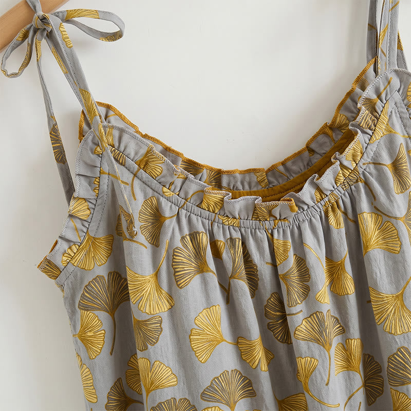 Ensemble de vêtements d'intérieur à bretelles nouées et imprimé feuilles de ginkgo Ownkoti - image 4