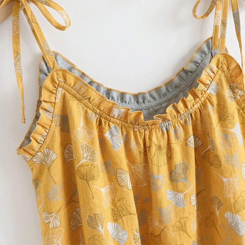 Ensemble de vêtements d'intérieur à bretelles nouées et imprimé feuilles de ginkgo Ownkoti - image 1