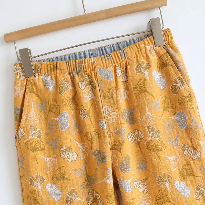 Ensemble de vêtements d'intérieur à bretelles nouées et imprimé feuilles de ginkgo Ownkoti - image 2