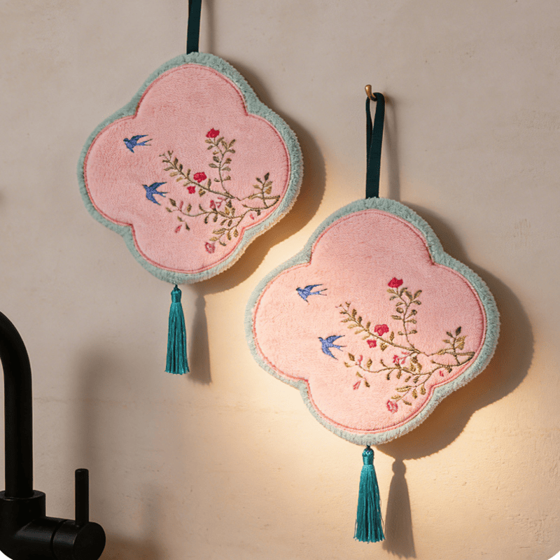 Serviette de toilette en polaire corail Ownkoti à motif d'oiseaux et de fleurs - Rose clair - 9'' × 9'' - 2 pièces - image 0