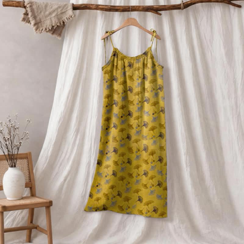 Robe d'intérieur à bretelles nouées et imprimé floral Ginkgo d'Ownkoti - Jaune et marron - XL - image 0